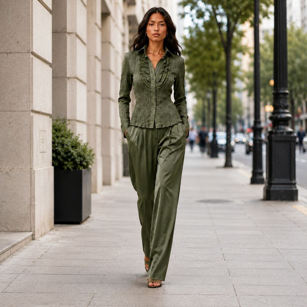 Neslay Women’s Olive Green Ruffle Pintuck Button Front Blouse Career Office Chic